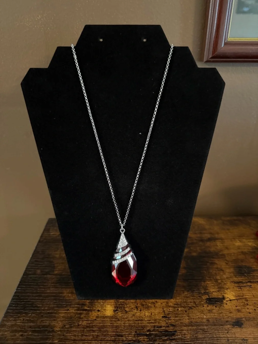 Elegant Silver Necklace with Red Crystal Teardrop Pendant